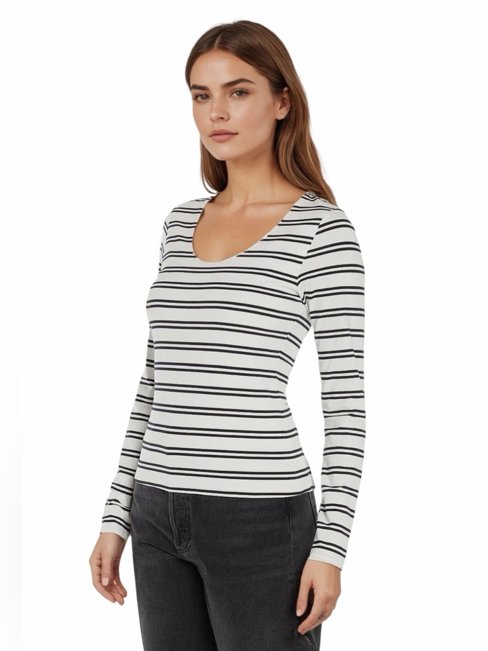 NWT Three Dots Scoop Neck Long Sleeve Tee in Egret / Black Beauty Stripe Size XL - Picture 2 of 9